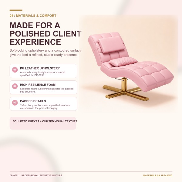 DP-0731 PU Leather Lash Bed | High-Resilience Foam Cushioning Pink DP-0731 S-shaped eyelash bed featuring PU leather upholstery, high-resilience foam, tufted body sections, and a padded headrest.