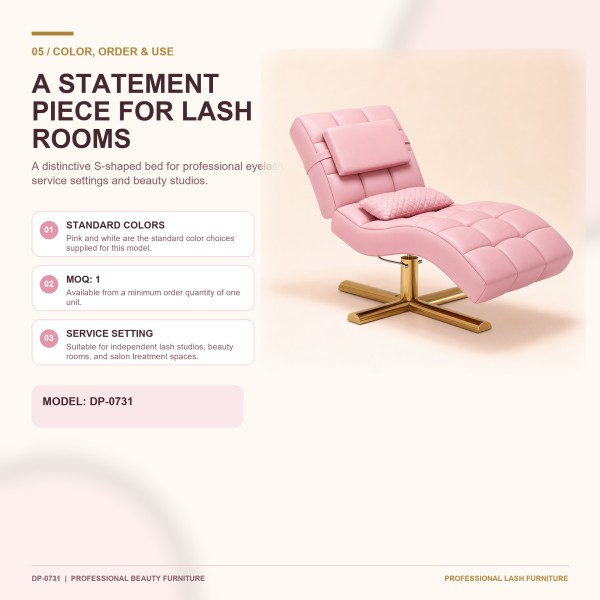 DP-0731 S-Shaped Lash Bed | Pink and White Color Options DP-0731 professional S-shaped eyelash bed for lash studios and beauty rooms, available in pink and white standard colors with MOQ 1