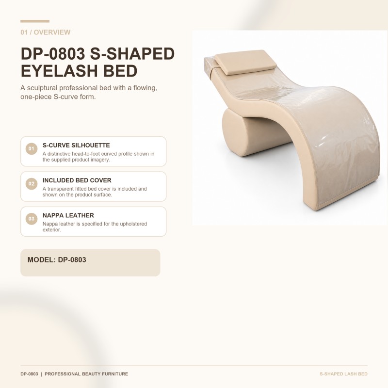 DP-0803 S-Shaped Eyelash Bed Overview | Included Clear Bed Cover Cream DP-0803 S-shaped eyelash bed with Nappa leather upholstery, rectangular padded headrest, clear fitted bed cover, curved body, and rounded support base.