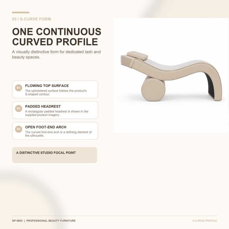 DP-0803 S-Curve Eyelash Bed Profile | Sculptural Lash Furniture Side profile of the DP-0803 S-shaped eyelash bed showing its clear fitted bed cover, continuous curved surface, padded headrest, rounded center base, and open foot-end arch.