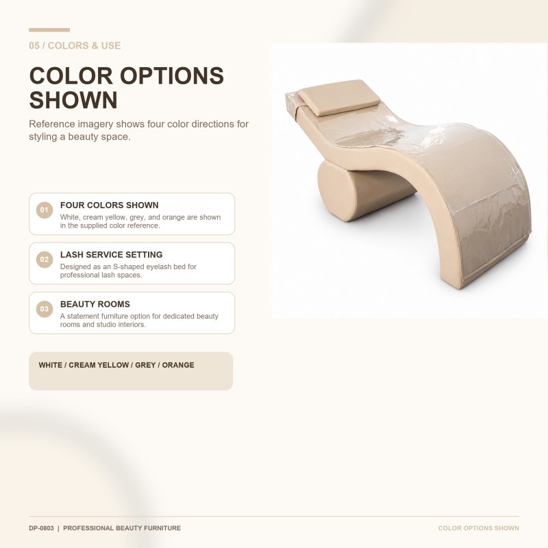 DP-0803 S-Shaped Lash Bed | Color Options for Beauty Studios DP-0803 S-shaped eyelash bed with included clear fitted bed cover for professional lash studios and beauty rooms, with four color options shown in the reference.