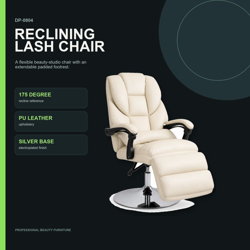 Cream DP-0804 reclining beauty lash chair with padded footrest, PU leather upholstery, and silver electroplated base.