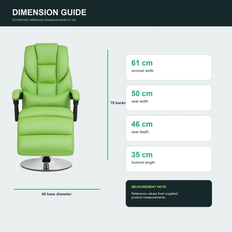 Green DP-0804 beauty lash chair diagram showing the confirmed 70 cm backrest, 61 cm armrest width, 50 cm seat width, 46 cm seat depth, 35 cm footrest, and 60 cm base diameter.