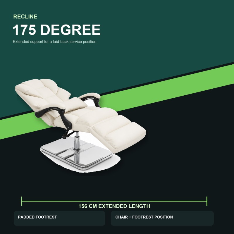 DP-0804 reclining beauty lash chair shown extended with its padded footrest, 175-degree recline reference, and 156 cm extended length reference.