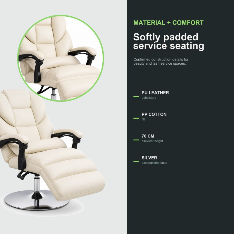 Close product views of the DP-0804 beauty lash chair highlighting PU leather upholstery, PP cotton fill, padded seating, and electroplated silver base.