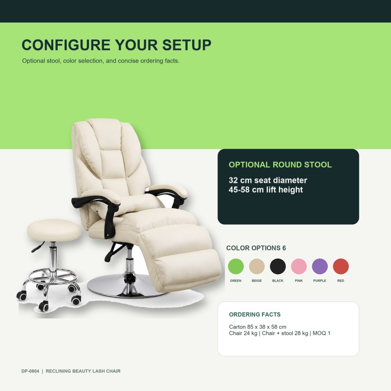 DP-0804 reclining beauty lash chair paired with the optional small round stool, showing 32 cm stool seat diameter, 45-58 cm lift height, and six color options.