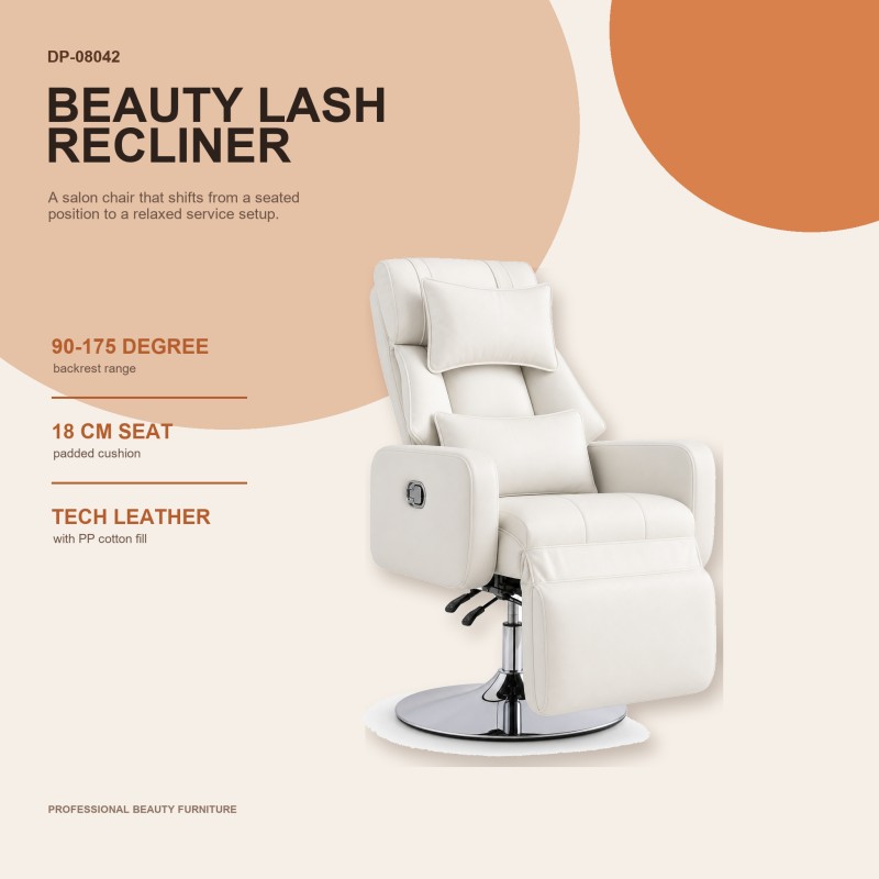 DP-08042 beauty lash recliner overview Ivory DP-08042 beauty lash recliner with padded head and lumbar pillows, lift-up footrest, and a 90-175 degree backrest range.