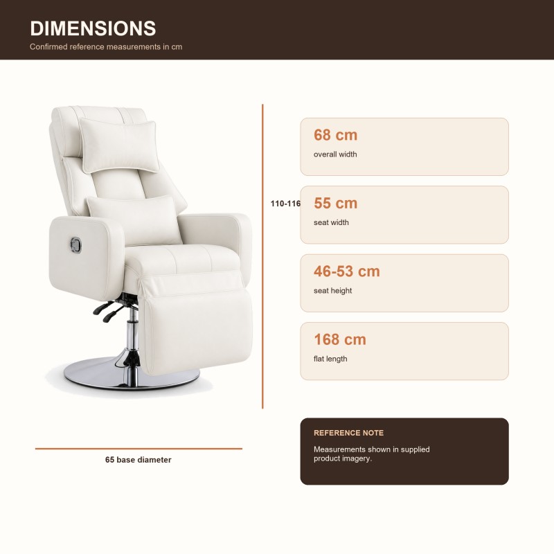 DP-08042 beauty lash recliner dimensions DP-08042 beauty lash recliner dimension guide showing 68 cm overall width, 55 cm seat width, 46-53 cm seat height, 110-116 cm overall height, 65 cm round base, and 168 cm flat length.