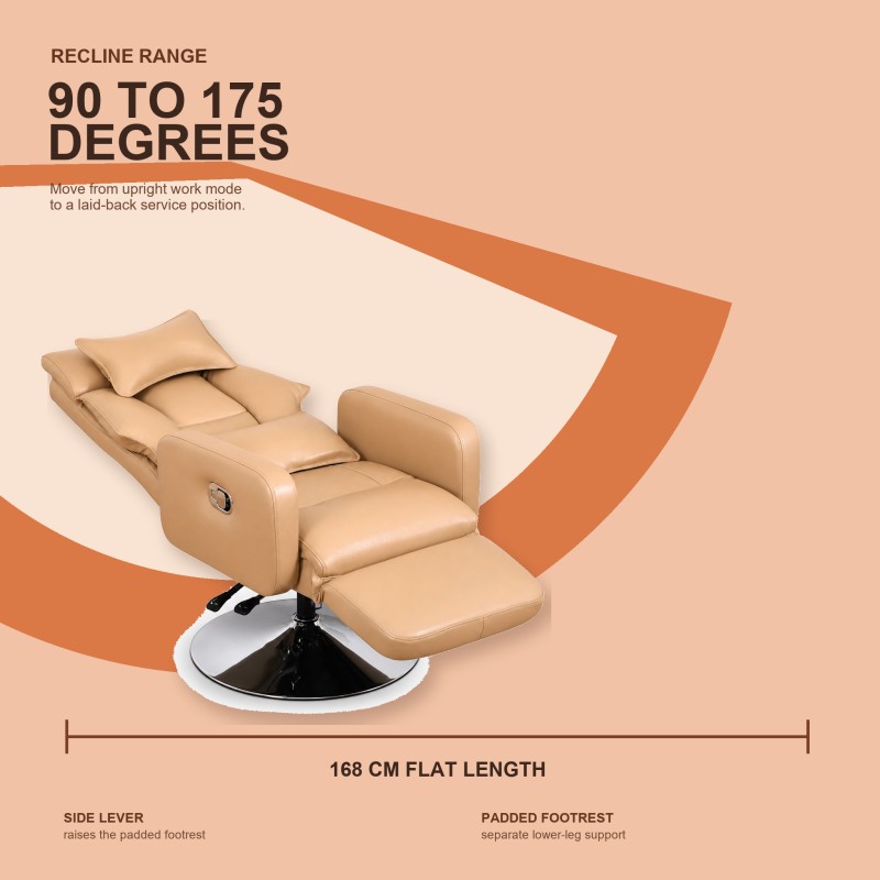 DP-08042 beauty recliner range Khaki DP-08042 beauty lash recliner shown in a laid-back position with the 90-175 degree recline range, 168 cm flat length reference, side lever, and padded footrest.