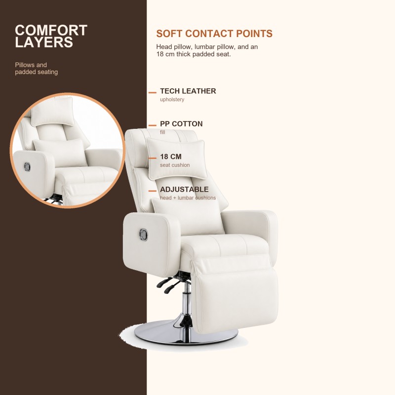 DP-08042 lash recliner comfort layers Close views of the DP-08042 beauty lash recliner showing its head pillow, lumbar pillow, 18 cm padded seat, tech leather upholstery, and PP cotton fill.