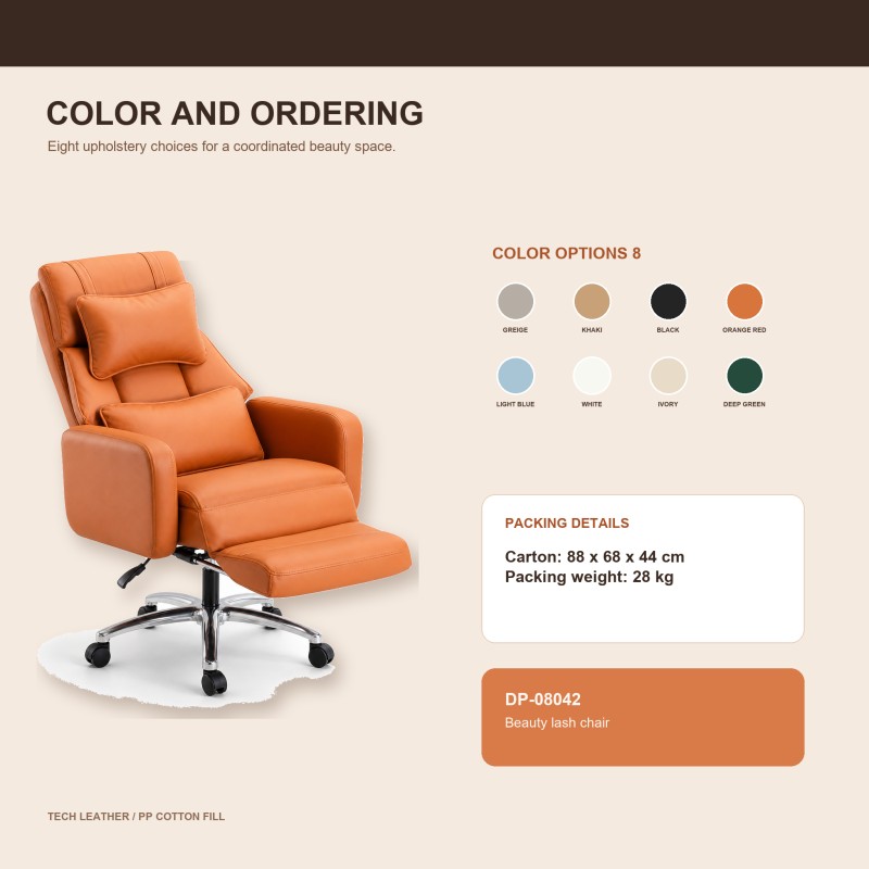 DP-08042 lash recliner colors and packing Orange-red DP-08042 beauty lash recliner with eight upholstery color options and confirmed packing details of 88 x 68 x 44 cm and 28 kg.
