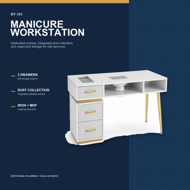 White and gold BY-151 manicure table with three drawers, open storage bays, recessed tray and tabletop dust-collection grille.