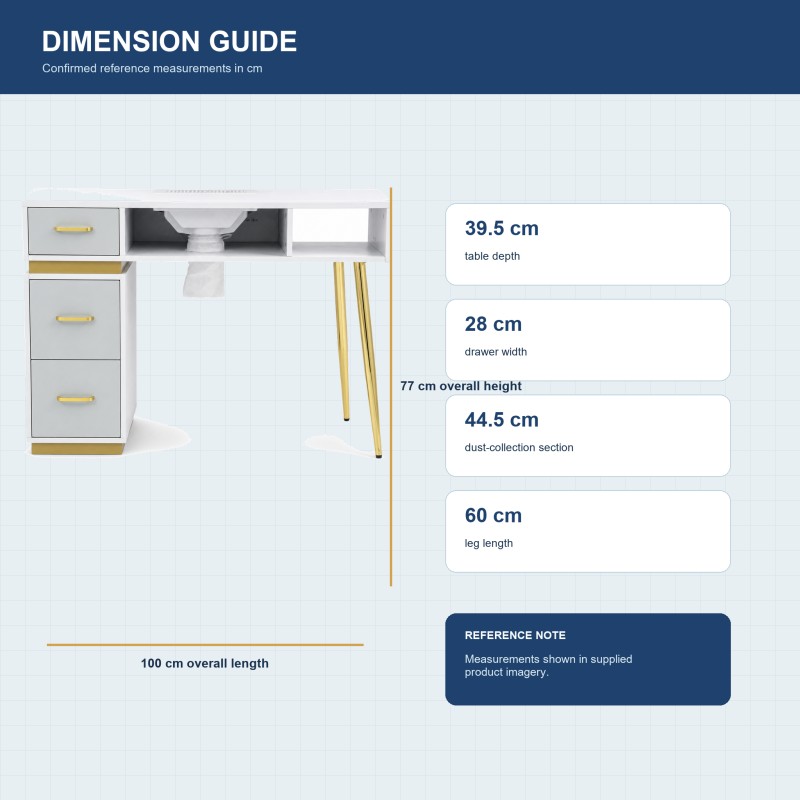 BY-151 manicure table reference dimensions showing 100 cm length, 77 cm height, 39.5 cm depth and 28 cm drawer width.
