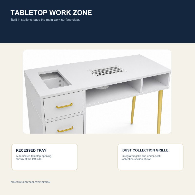 bClose view of the BY-151 manicure table worktop with recessed tray opening and integrated dust-collection grille.