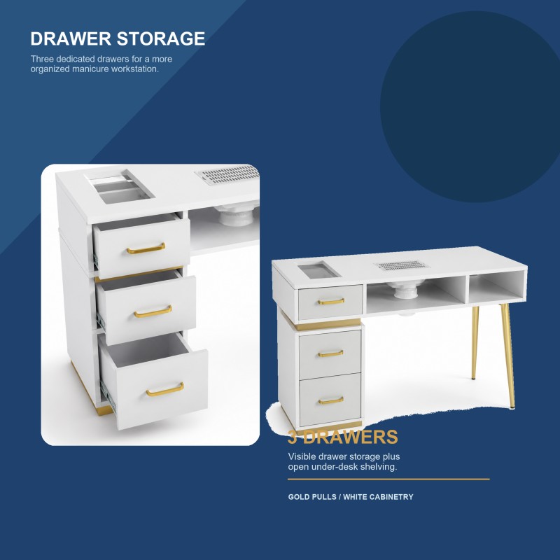Open drawers and under-desk storage on the white and gold BY-151 manicure workstation.