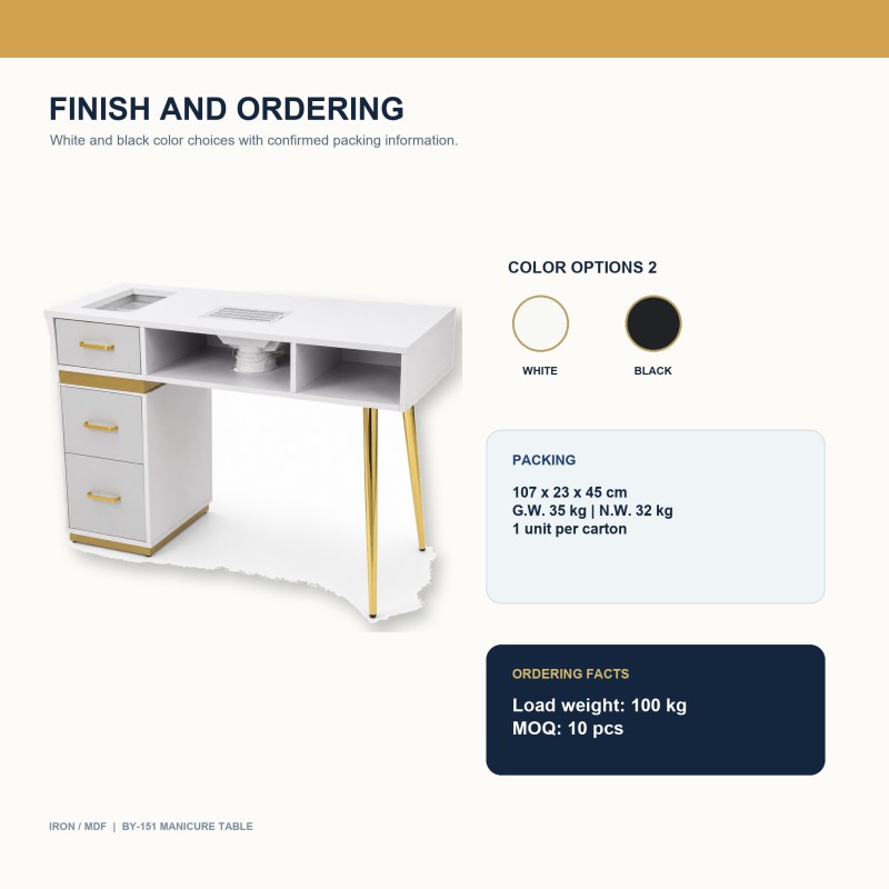 BY-151 manicure table in white with white and black color options, carton size and MOQ ordering information.