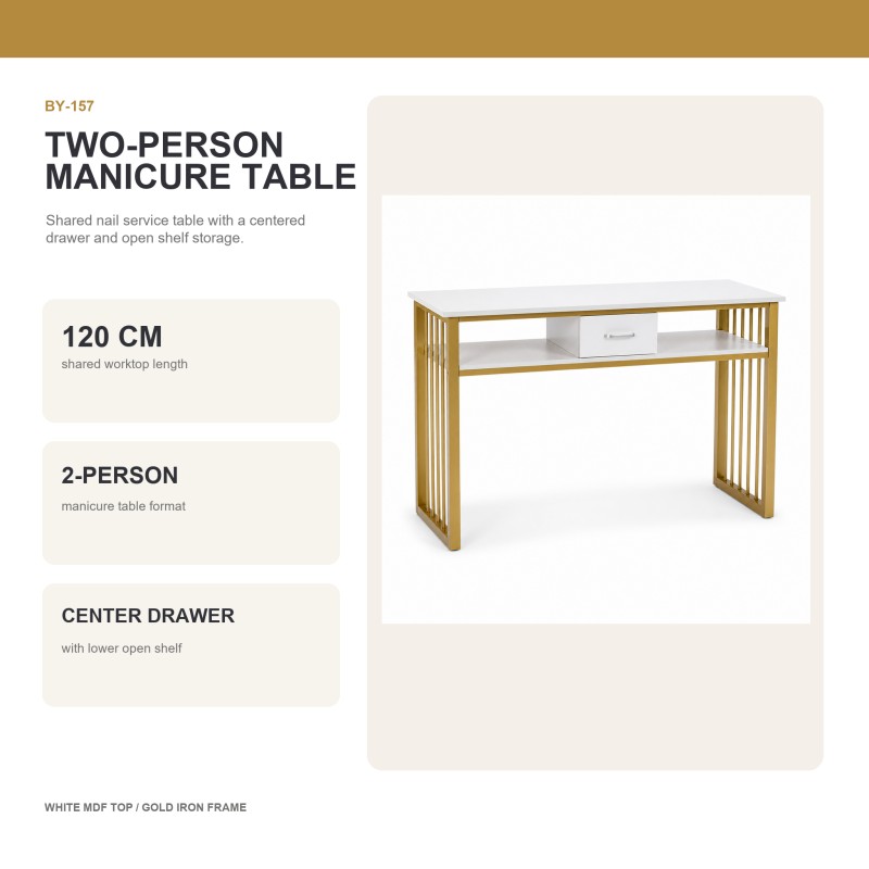 White and gold BY-157 two-person manicure table with 120 cm worktop, centered drawer and long lower open shelf.
