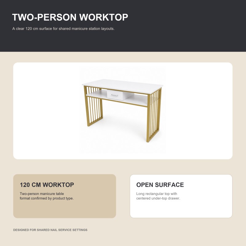 Elevated view of the BY-157 white and gold two-person manicure table showing its 120 cm rectangular worktop.