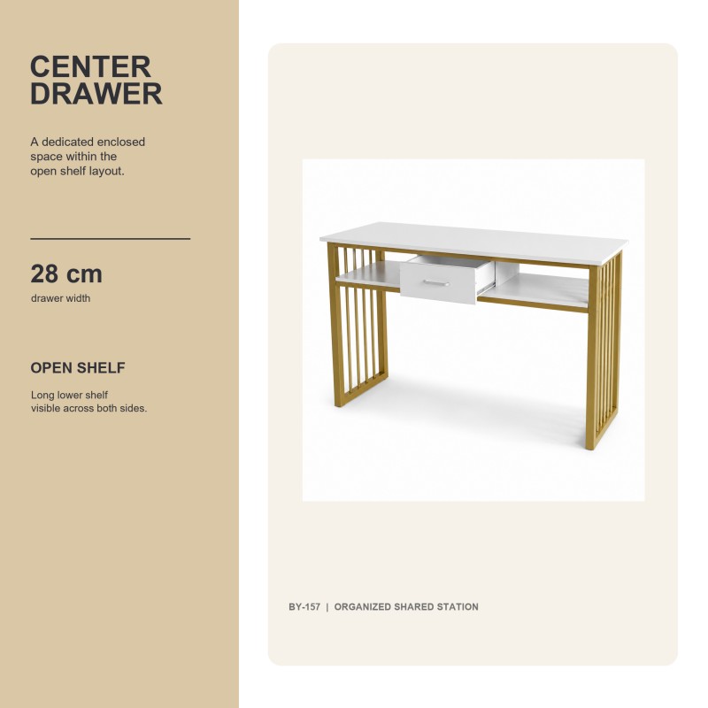 Open center drawer of the BY-157 manicure table with 28 cm reference width and lower shelf storage.g