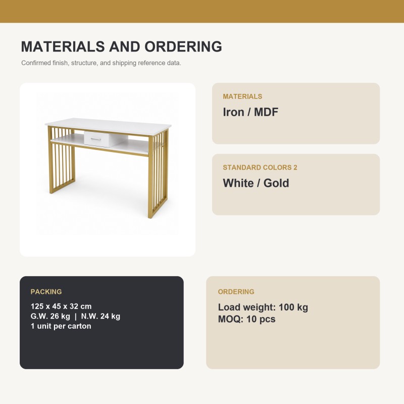 BY-157 manicure table showing iron and MDF materials, white and gold colorway, packing data and MOQ.