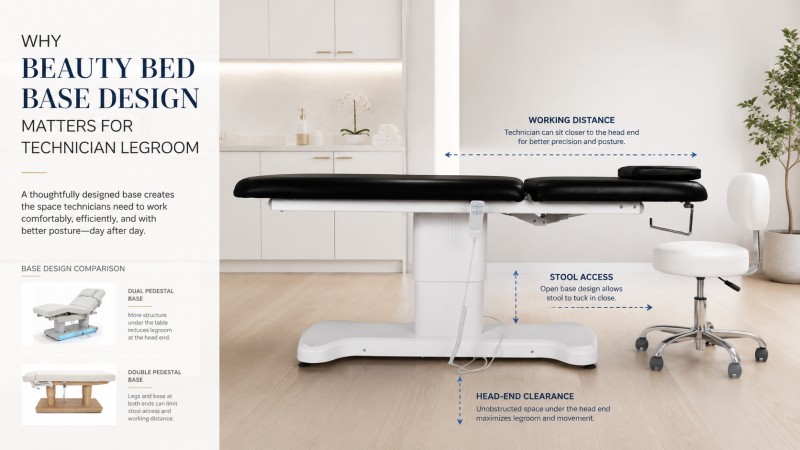 Central Pedestal Beauty Bed With Better Technician Access Black electric beauty bed with a slim central pedestal base showing head-end clearance, working distance and closer stool access for estheticians.