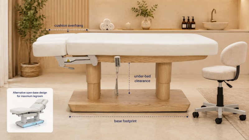 Beauty Bed Base Footprint and Under-Bed Clearance Cream beauty bed with a dual-column wood base showing cushion overhang, under-bed clearance and base footprint for salon technician positioning.