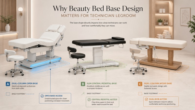 Beauty Bed Base Design Comparison for Technician Legroom Three electric beauty beds with dual-column, central pedestal and wood base designs compared for technician legroom, stool access and workspace clearance.