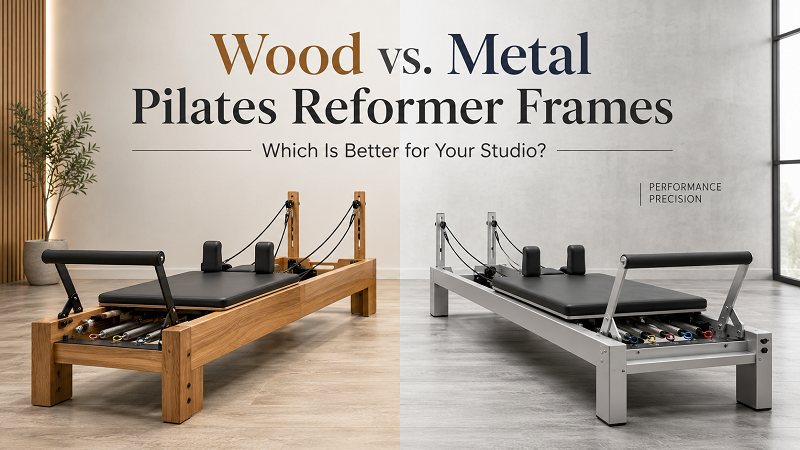 Wood vs. Metal Pilates Reformer Frames for Commercial Studios Side-by-side comparison of a wooden Pilates reformer and a metal Pilates reformer, showing different frame materials, construction styles and studio aesthetics.