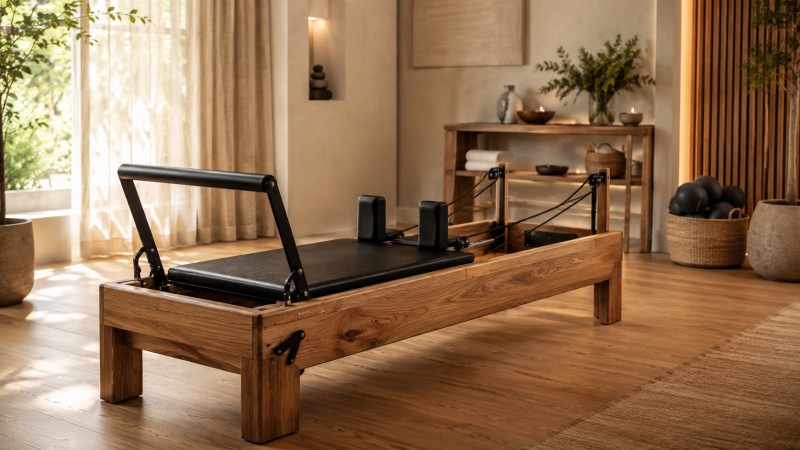Wood Pilates Reformer in a Warm Boutique Studio Wood Pilates reformer in a warm boutique Pilates studio with natural materials, soft lighting, wood flooring and a wellness-focused interior design.