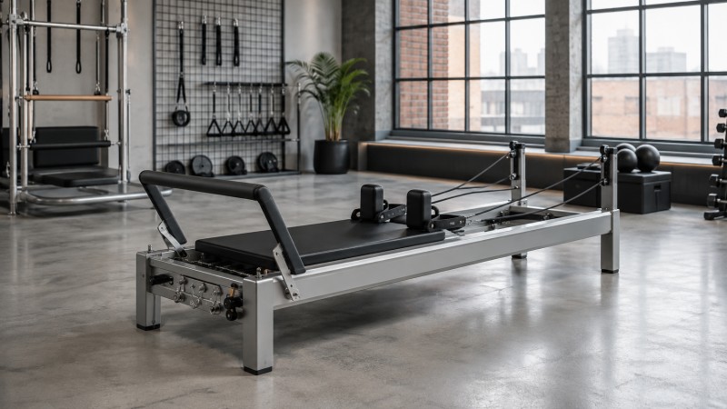 Metal Pilates Reformer in a Modern Commercial Studio Metal Pilates reformer in a modern commercial Pilates studio with an industrial interior, large windows, concrete flooring and contemporary fitness equipment.