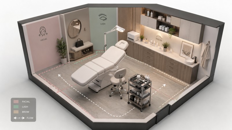 Small Facial Lash and Brow Treatment Room Layout Design Small beauty treatment room layout with an electric facial bed, technician stool, salon trolley, task lighting and storage designed for facial, lash and brow services.