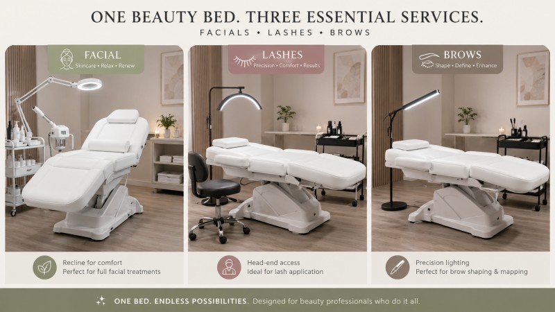 One Beauty Bed for Facial Lash and Brow Services Multi-functional electric beauty bed setup showing how one treatment bed can support facial treatments, eyelash extensions and brow services in a professional beauty studio.