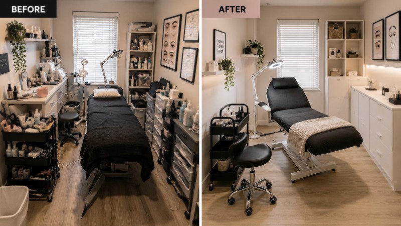Beauty Treatment Room Organization Before and After Before and after comparison of a beauty treatment room showing improved organization, better furniture placement, clear workspace and efficient facial lash and brow workflow.