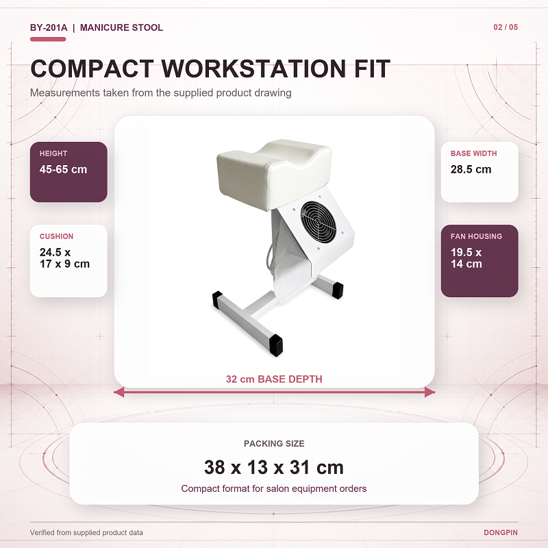 BY-201A Pedicure Footrest Stool Dimensions Dimension graphic for the BY-201A pedicure footrest stool showing 45-65 cm height, 24.5 x 17 x 9 cm cushion and 28.5 x 32 cm base