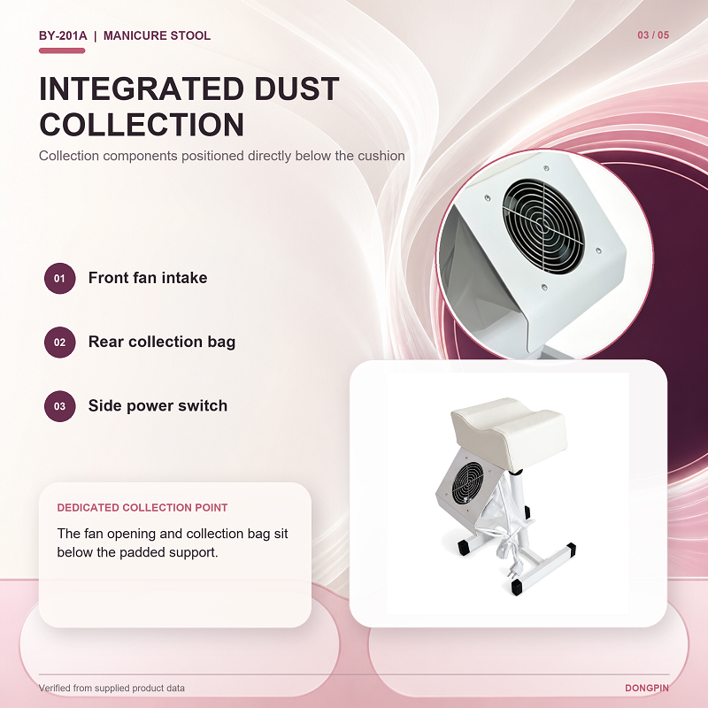 BY-201A Pedicure Footrest Stool Fan System BY-201A pedicure footrest stool detail showing the front fan intake, rear collection bag and side power switch below the cushion