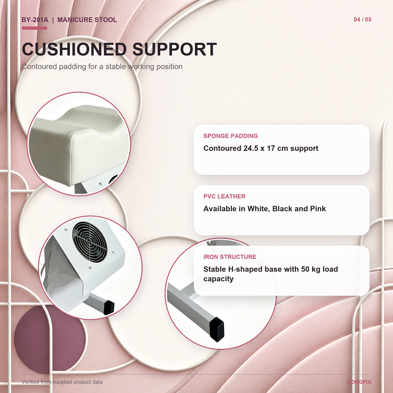 BY-201A Pedicure Footrest Cushion and Materials Close-up views of the BY-201A contoured PVC leather cushion, fan housing and iron H-shaped base