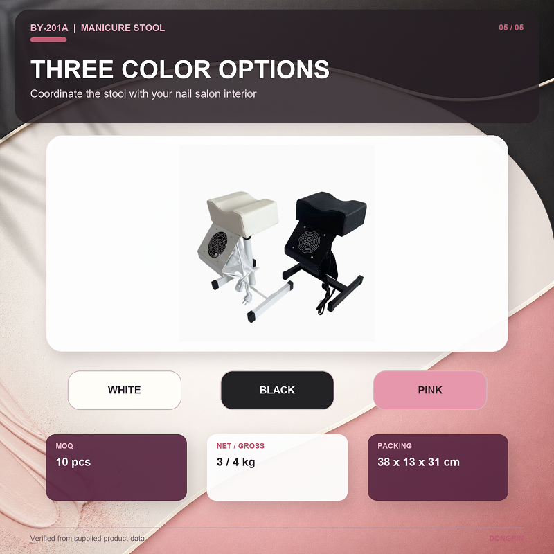 BY-201A Pedicure Footrest Colors and Order Data White and black BY-201A pedicure footrest stools with White, Black and Pink color options, MOQ 10 pcs and packing data