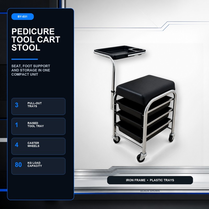 BY-031 Pedicure Tool Cart Stool Overview BY-031 pedicure tool cart stool overview with three trays, raised tool tray and caster wheels