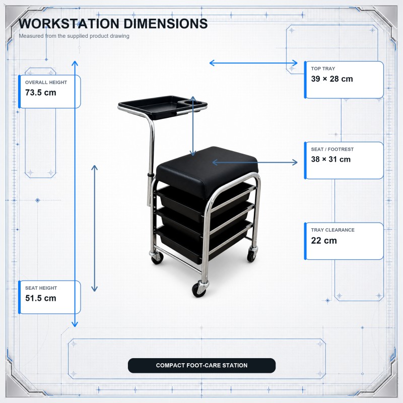 BY-031 Pedicure Tool Cart Dimensions BY-031 pedicure tool cart dimensions including 73.5 cm overall height and tray sizes