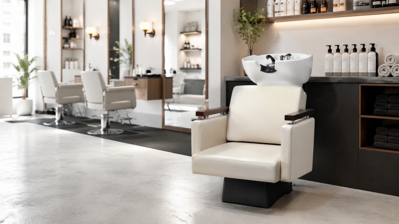Salon Shampoo Chair for Quick Wash and Rinse Services Compact salon shampoo chair with ceramic basin in a modern hair salon, designed for quick hair washing, color rinsing and everyday backwash services.