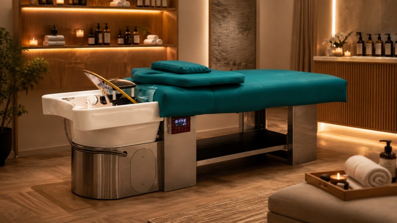 Head Spa Shampoo Bed for Longer Scalp Treatments Full-length head spa shampoo bed with integrated basin in a premium wellness room, designed for longer scalp treatments, head spa services and full-body comfort.