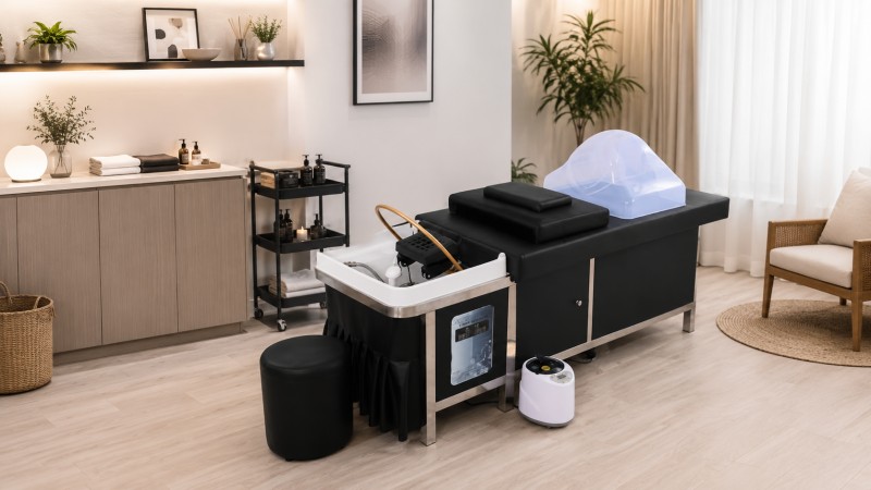 Non-Plumbing Head Spa Bed for Flexible Salon Installation Self-contained non-plumbing head spa shampoo bed in a modern beauty room, offering a flexible setup for salons adding scalp treatments without fixed plumbing.