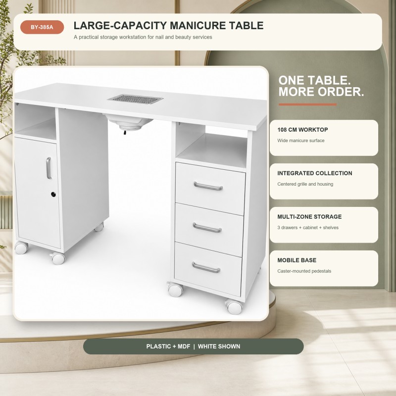 BY-385A Large-Capacity Manicure Table Overview BY-385A white manicure table with a 108 cm worktop, integrated collection area, divided storage and caster-mounted pedestals