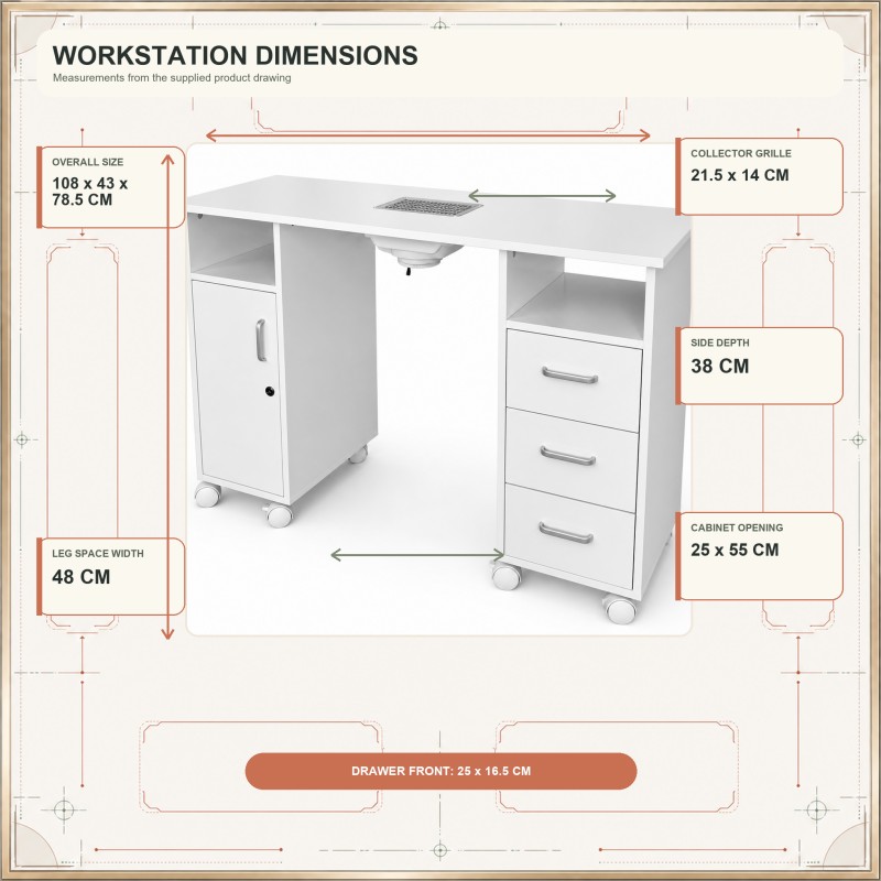 BY-385A Manicure Table Dimensions BY-385A manicure table dimension diagram showing 108 x 43 x 78.5 cm overall size and confirmed component measurements