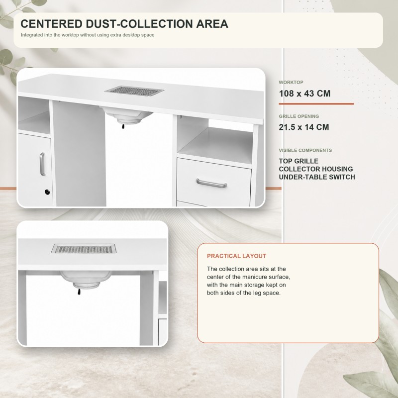 BY-385A Manicure Table Dust-Collection Area Close-up of the BY-385A manicure table central grille and under-table collection housing with a 21.5 x 14 cm opening