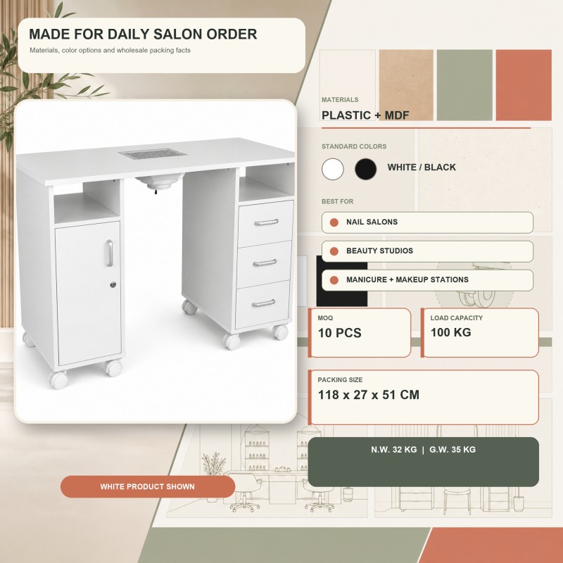 BY-385A Manicure Table Materials and Applications BY-385A manicure table materials, White and Black options, salon applications, 100 kg capacity and packing information