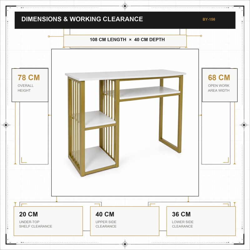 BY-156 manicure table dimension chart showing 108 by 40 by 78 cm and shelf clearances