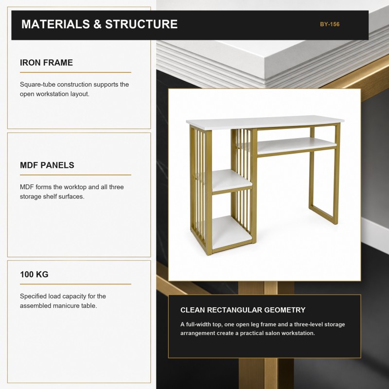 BY-156 manicure table material details with iron frame, MDF panels and open rectangular structure