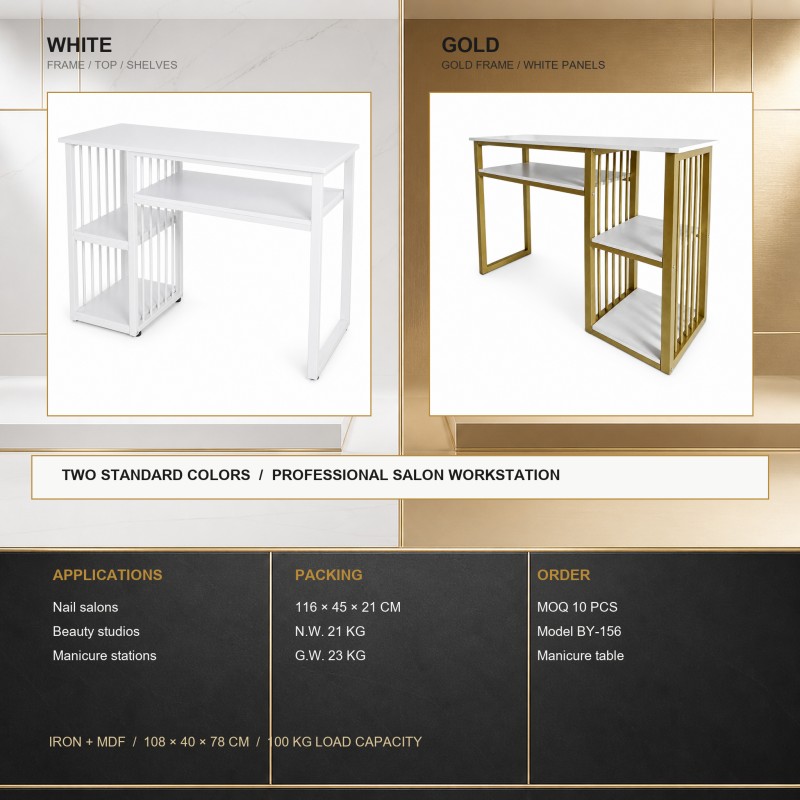 BY-156 manicure table in White and Gold with salon applications, packing data and MOQ 10 pcs