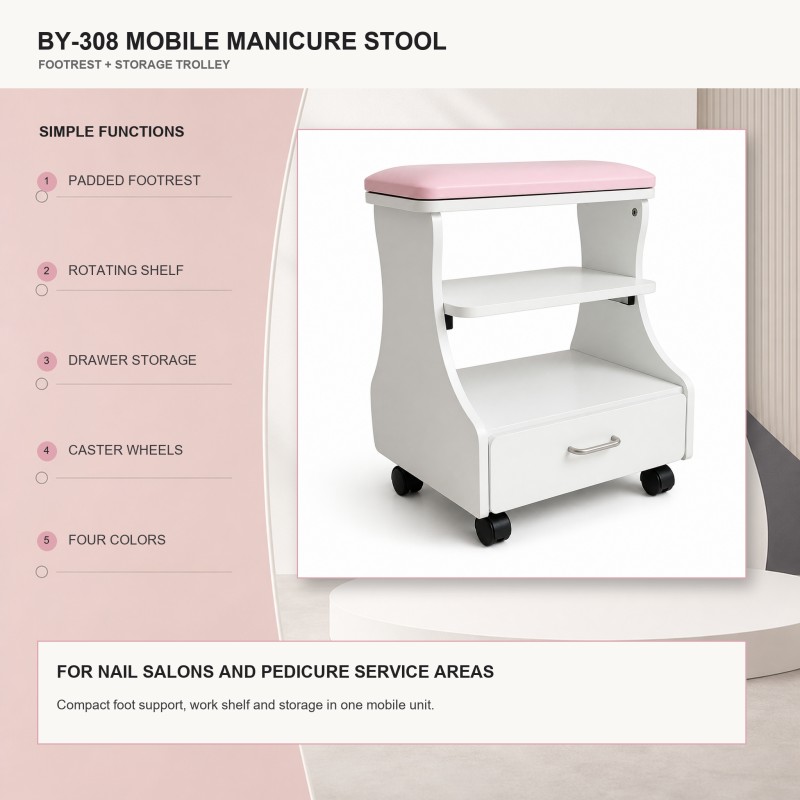 BY-308 mobile manicure stool overview with five simple functions: padded footrest, rotating shelf, drawer storage, caster wheels and four colors